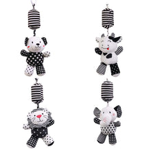 Load image into Gallery viewer, sensory toy, baby sensory, baby toy, Black and white hanging bear toy. high contrast baby toy, young wonderer, young wonderer baby boutique, black and white baby toy, high contrast baby toy, high contrast toy, black and white toy, hanging baby toy, black and white hanging toy, baby gym toy, baby gym hanging toy, high contrast, black and white, pram toy