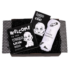 Load image into Gallery viewer, black and white baby gift, black and white baby gift box, black and white baby gift set, high contrast baby gift set, high contrast baby gift, baby shower gift box, baby shower gift, baby shower gift set, baby gifts, baby gift box, newborn gift box, newborn gift set, newborn gift, high contrast gift, baby shower gift idea, new baby gift, black and white baby toys, high contrast baby toys, gender neutral baby gift, unisex baby gift box, unisex baby gift, unisex baby shower gift,