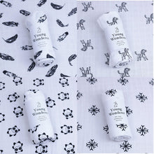 Load image into Gallery viewer, black and white muslin, black and white baby muslin wrap, baby muslin wrap, baby muslin australia, baby wrap australia, feather muslin, zebra muslin, panda muslin, snowflake muslin, winter muslin wrap, winter baby wrap, high contrast wrap, high contrast baby, high contrast muslin, Young wonderer, young wonderer baby boutique, newborn baby gift, baby gift, baby shower gift, baby boutique, baby boutique australia, baby gift australia,muslin australia, baby wrap australia