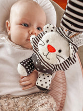 Load image into Gallery viewer, sensory toy, baby sensory, baby toy, Black and white hanging bear toy. high contrast baby toy, young wonderer, young wonderer baby boutique, black and white baby toy, high contrast baby toy, high contrast toy, black and white toy, hanging baby toy, black and white hanging toy, baby gym toy, baby gym hanging toy, high contrast, black and white, pram toy, pram hanging toy