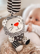 Load image into Gallery viewer, sensory toy, baby sensory, baby toy, Black and white hanging bear toy. high contrast baby toy, young wonderer, young wonderer baby boutique, black and white baby toy, high contrast baby toy, high contrast toy, black and white toy, hanging baby toy, black and white hanging toy, baby gym toy, baby gym hanging toy, high contrast, black and white, pram toy, pram hanging toy