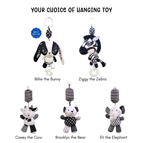 Set of high contrast baby hanging pram toys with animal designs. Billie the Bunny. Ziggy the Zebra. Young Wonderer