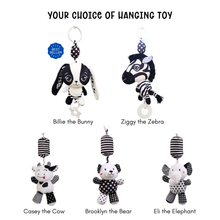 Load image into Gallery viewer, Set of high contrast baby hanging pram toys with animal designs. Billie the Bunny. Ziggy the Zebra. Young Wonderer
