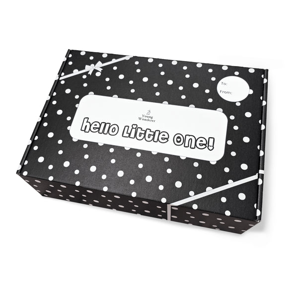 Young Wonderer High Contrast Baby Gift Box Black polka dot box with 'hello little one!' text on a white background
