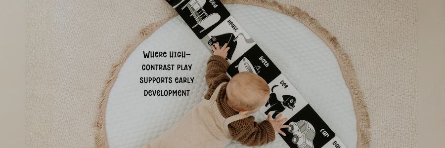 Young Wonderer high contrast black and white baby toys and books displayed on a play mat with baby