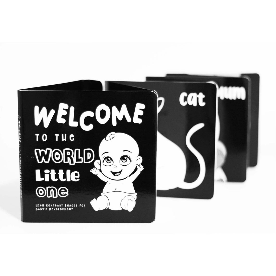 Welcome To The World Little One Book, High Contrast, Black and White Baby Book, Young Wonderer, baby book, high contrast book, high contrast baby book, black and white baby book, black and white baby toys, black and white baby toy, tummy time book, black and white baby toys, black and white baby book australia, high contrast book australia, tummy time, black and white baby shop, black and white baby toys, black and white baby toy, high contrast baby toy